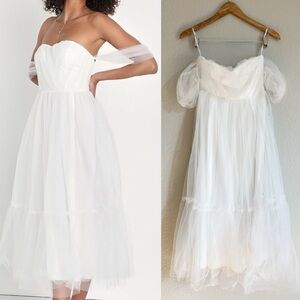 NWOT Divine Dreamer White Tulle Off-the-Shoulder Tiered Midi Dress